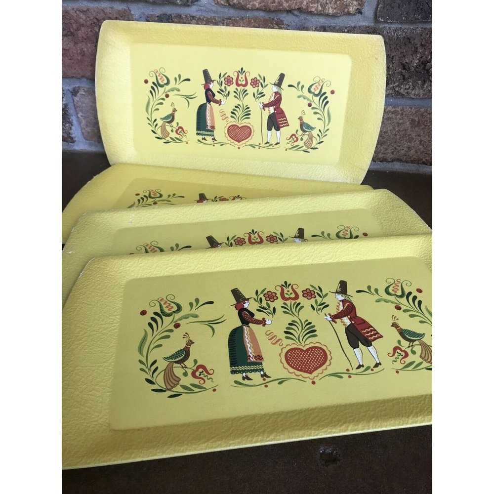Vintage Kentley Set of 4 Wood Paper Board Serving Tray Yellow Pilgrim Art Deco